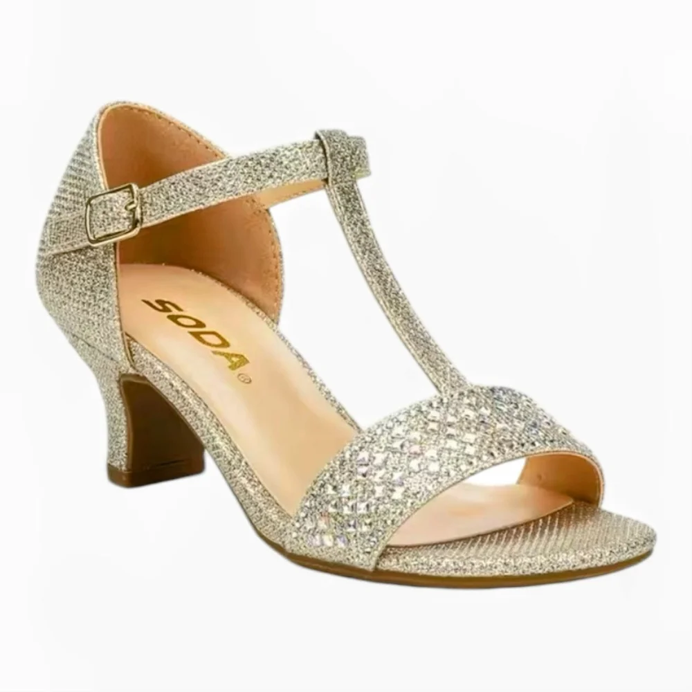 Soda Girls 5M Sloan Rhinestone Dress Heels Open Toe Adjustable Buckle Strap Gold